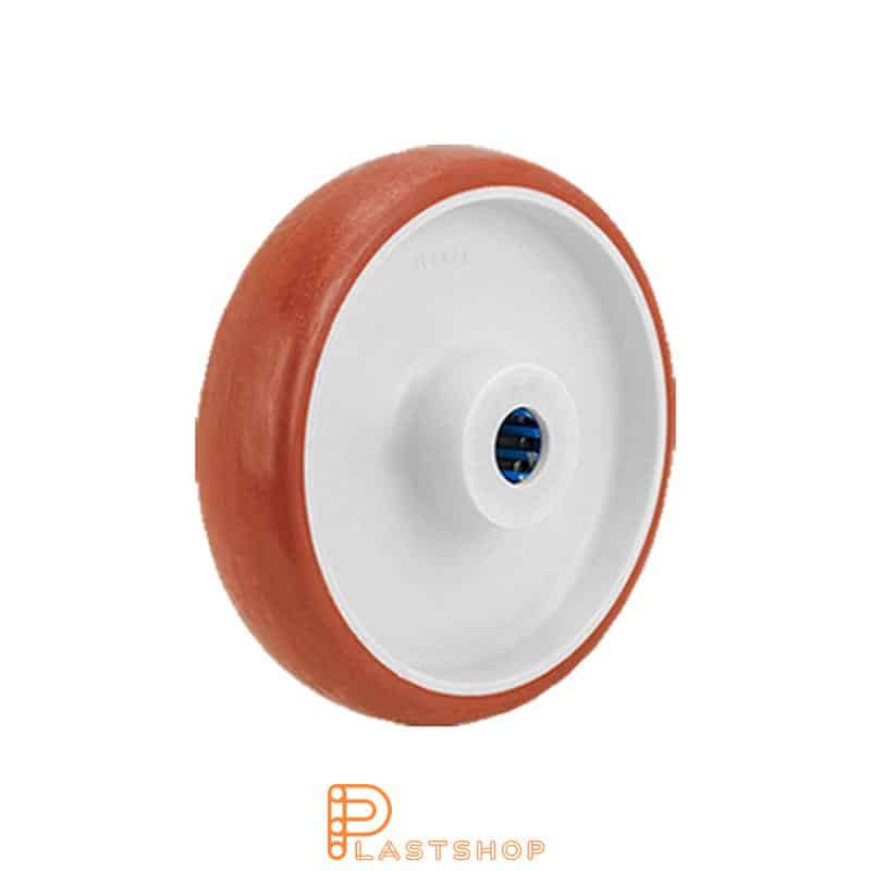 Industrial wheel 160 mm, 320 kg capacity, with hub in PA6 and soft tread in PUR in röd, roller bearing