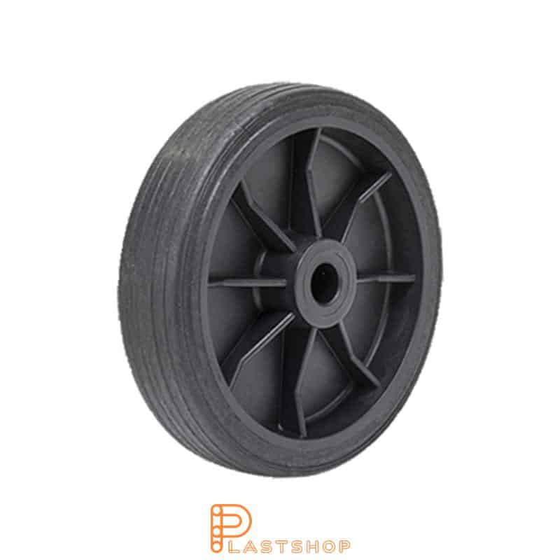 Rueda industrial 200 mm, 120 kg de carga, con buje en PP y banda suave en ReGum de color negro, cojinete deslizante