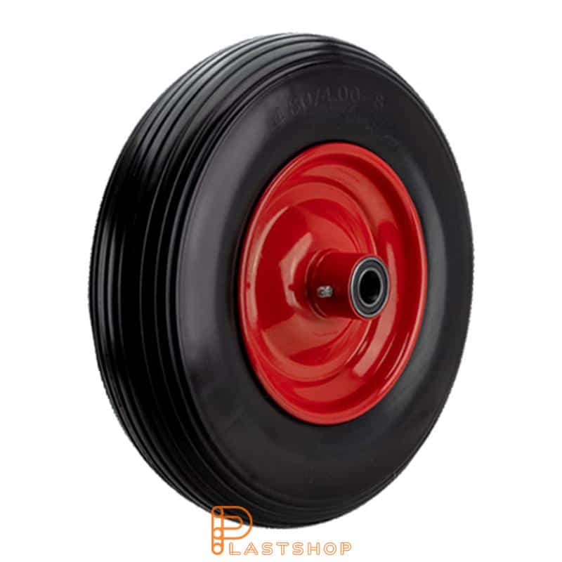 Industrial wheel 400 mm, 120 kg capacity, with hub in Plate and soft tread in PUR-foam in svart, double ball bearing