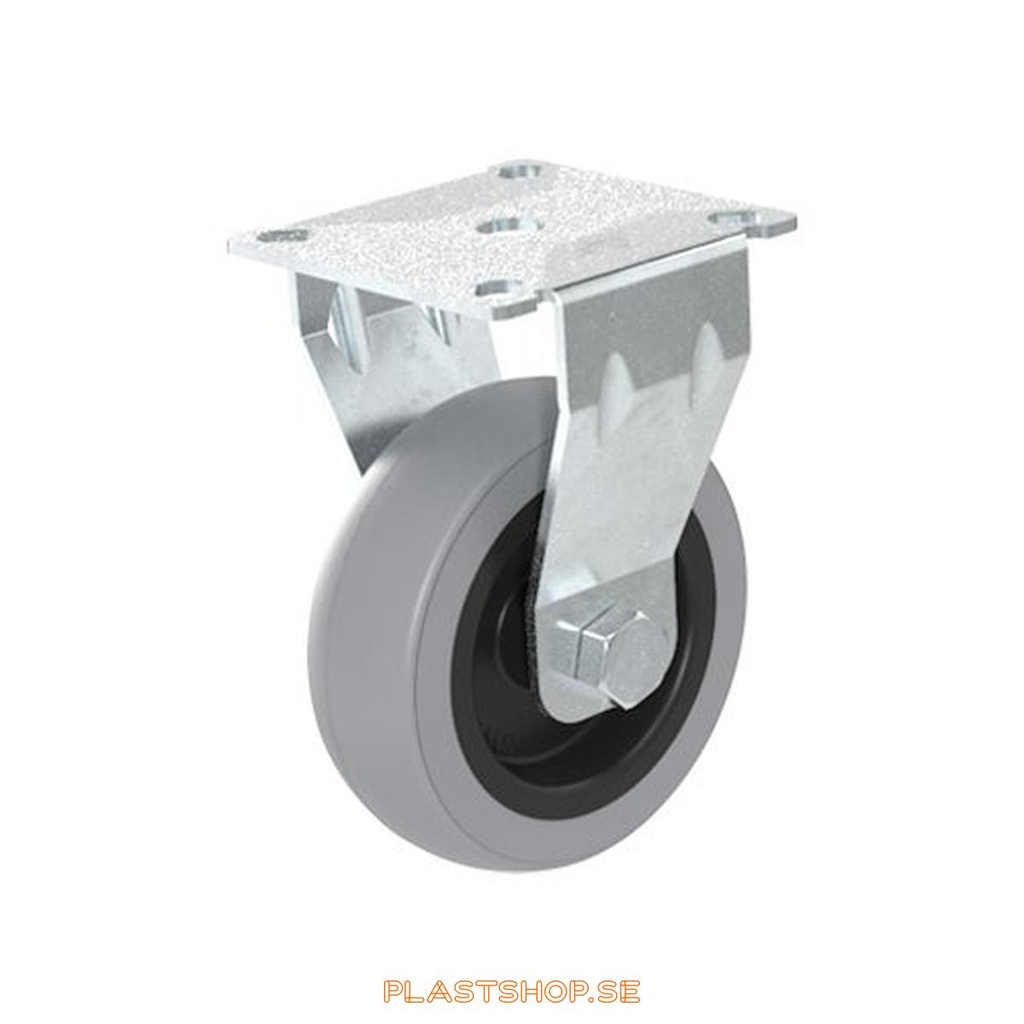 Fast bygel, platta, hjuldiameter 75 mm, bygghöjd 99 mm, nav i Polypropen (PP) med mjuk bana i TPE, grå färg. 55 kg bärighet, skruv