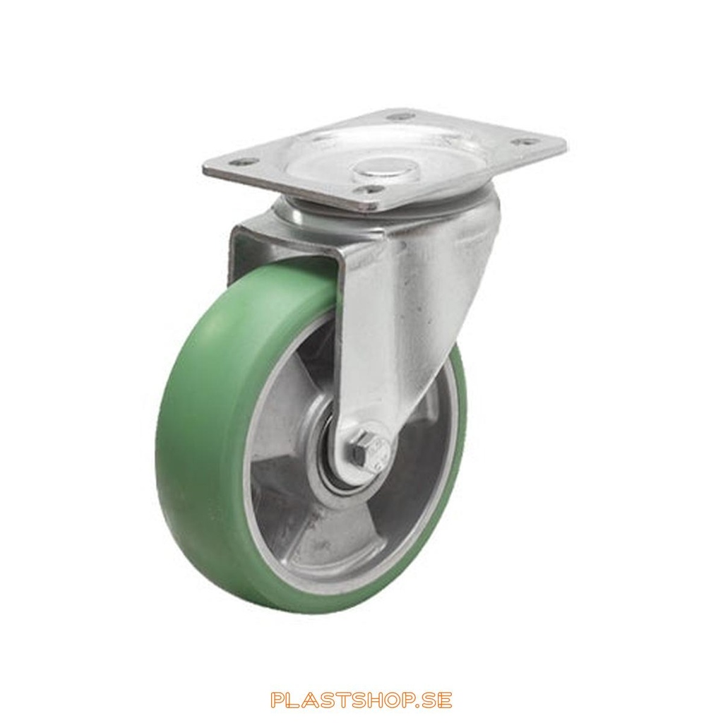 Länkhjul, utan broms, platta, hjuldiameter 100 mm, bygghöjd 130 mm, nav i Aluminium med mjuk bana i Elastiskt Polyuretan, grön färg. 200 kg bärighet, dubbla kullager