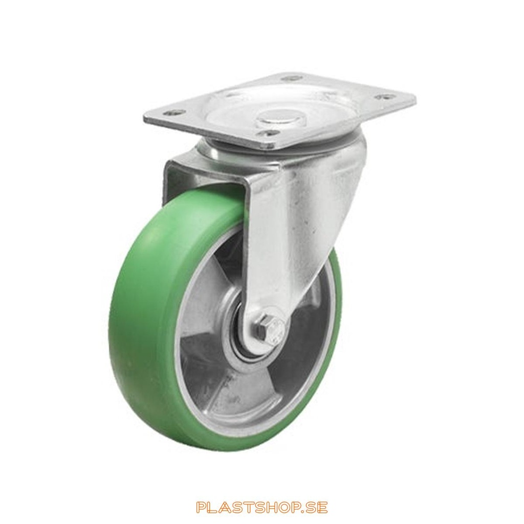 Länkhjul, utan broms, platta, hjuldiameter 125 mm, bygghöjd 156 mm, nav i Aluminium med mjuk bana i Elastiskt Polyuretan, grön färg. 300 kg bärighet, dubbla kullager