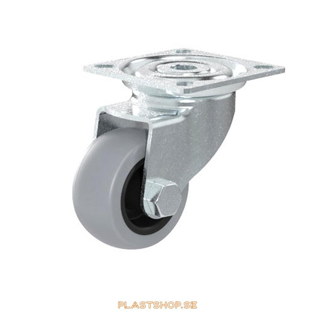 Link wheel, without brake, plate, wheel diameter 50 mm, building height 70 mm, hub in Polypropen (PP) with soft track in TPE, grå. 50 kg load capacity, skruv