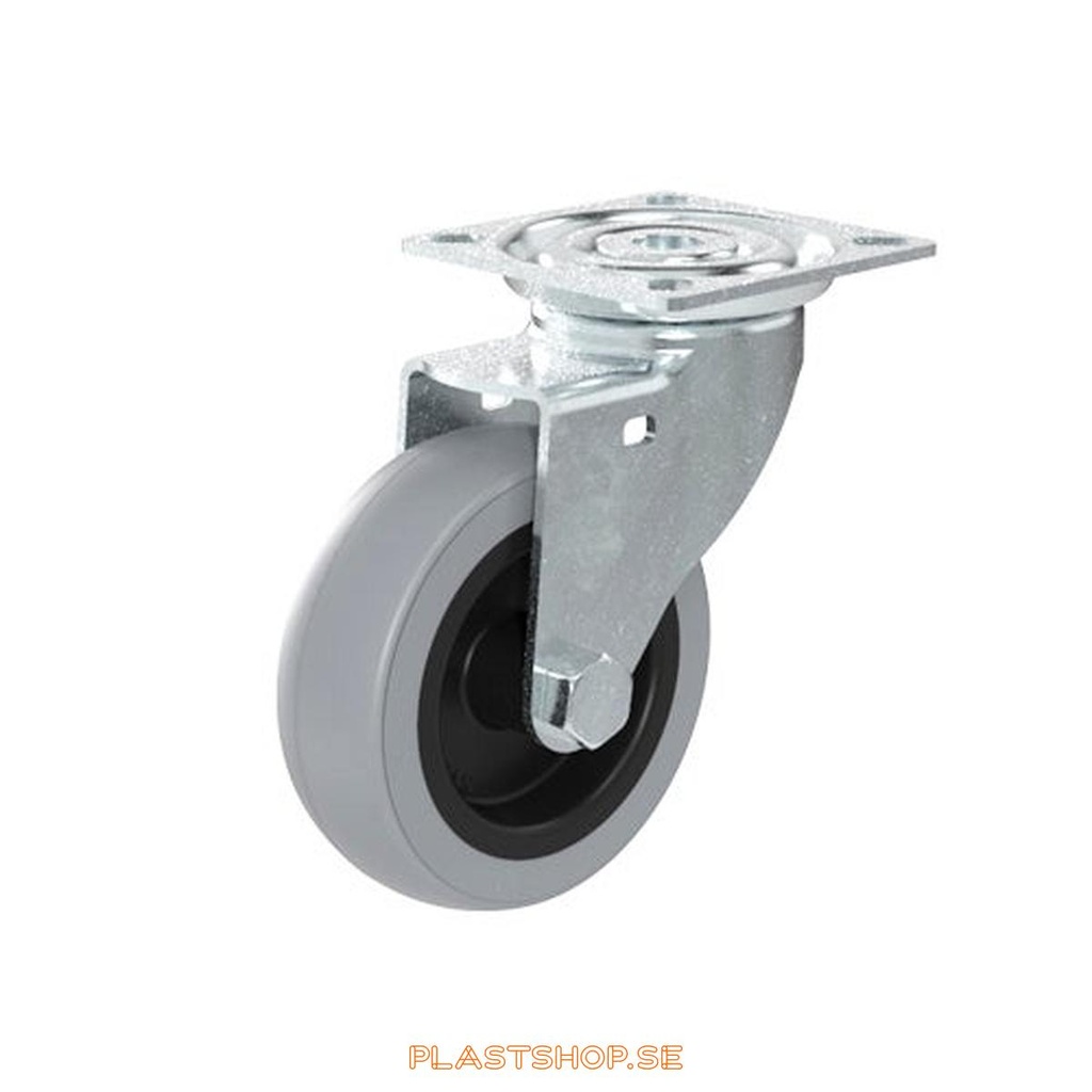 Länkhjul, utan broms, platta, hjuldiameter 75 mm, bygghöjd 99 mm, nav i Polypropen (PP) med mjuk bana i TPE, grå färg. 55 kg bärighet, skruv