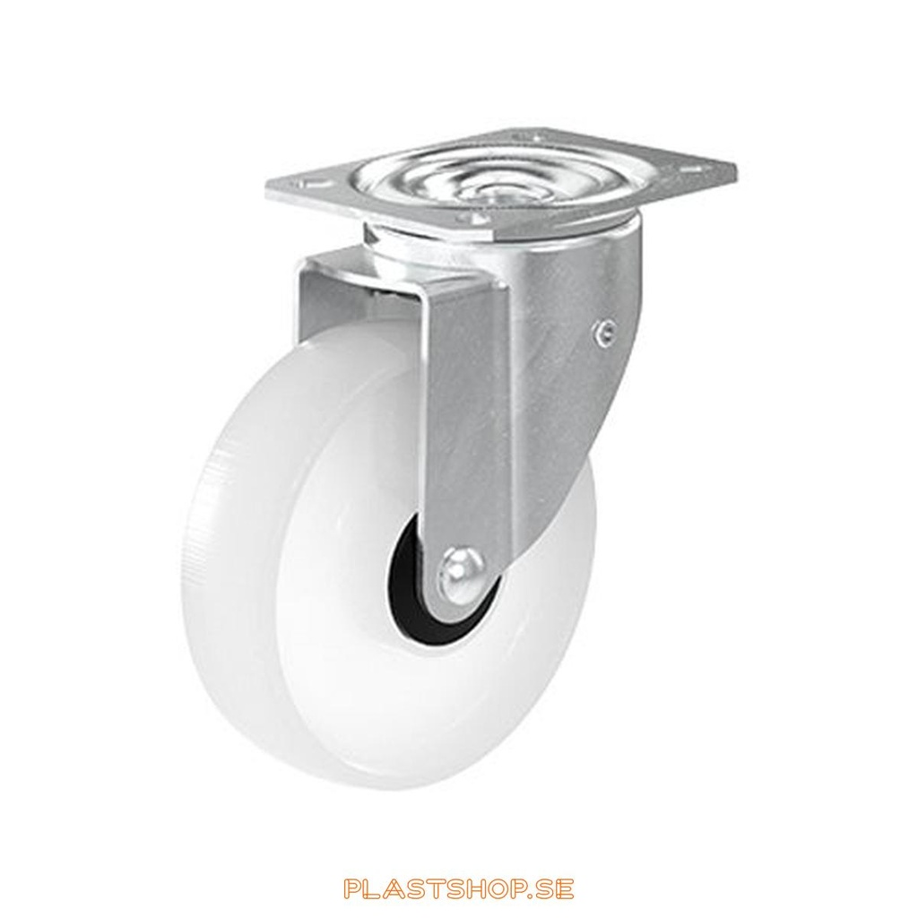Link wheel, without brake, plate, wheel diameter 125 mm, building height 157 mm, hard wheel in solid Nylon PA6, natur. 200 kg load capacity, ball bearings