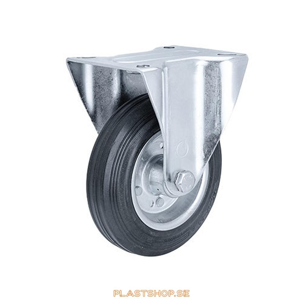 Fixed bracket, plate, wheel diameter 160 mm, building height 196 mm, hub in Plåt with soft track in Gummi, svart. 180 kg load capacity, roller bearings