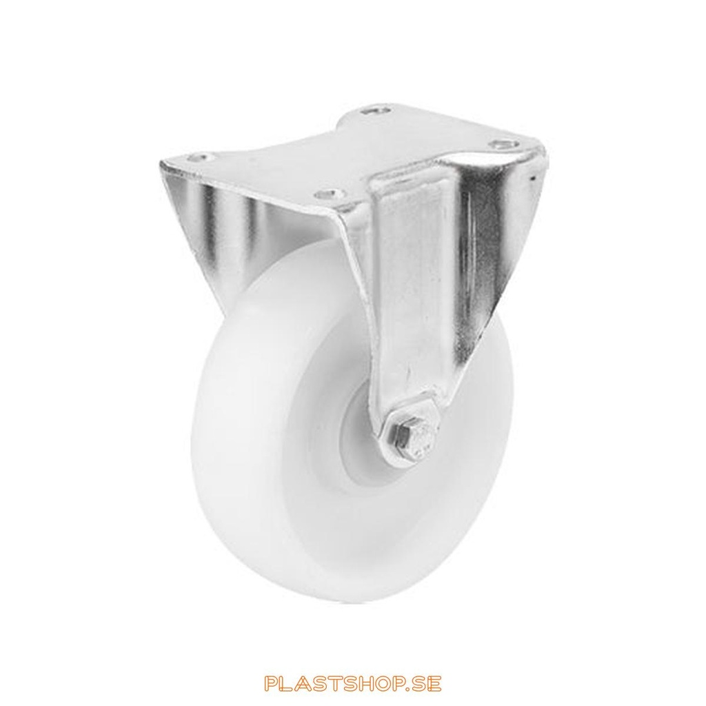 Fixed bracket, plate, wheel diameter 100 mm, building height 130 mm, hard wheel in solid Nylon PA6, vit. 400 kg load capacity, roller bearings