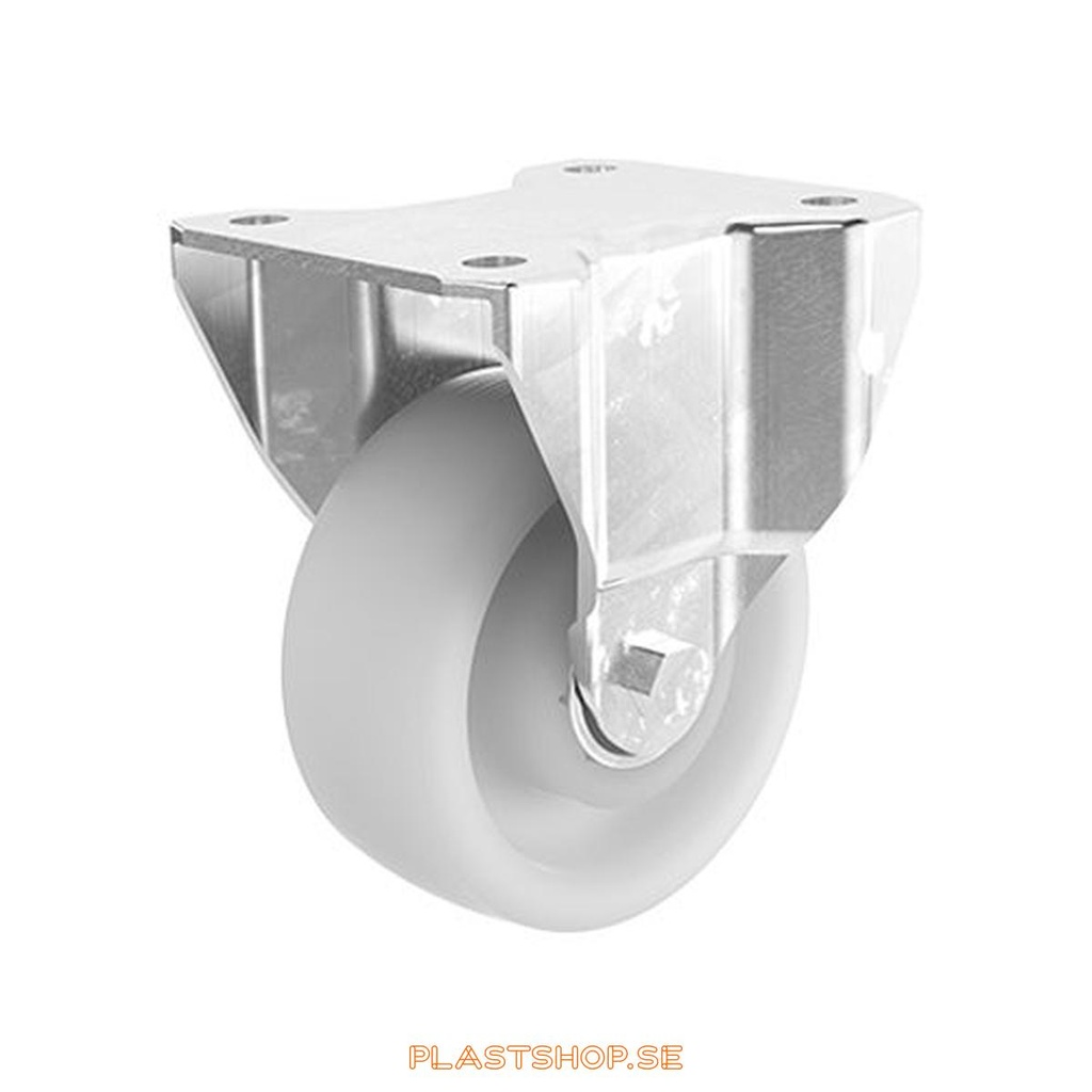 Fixed bracket, plate, wheel diameter 100 mm, building height 130 mm, hard wheel in solid Nylon PA6, natur. 500 kg load capacity, dubbla ball bearings