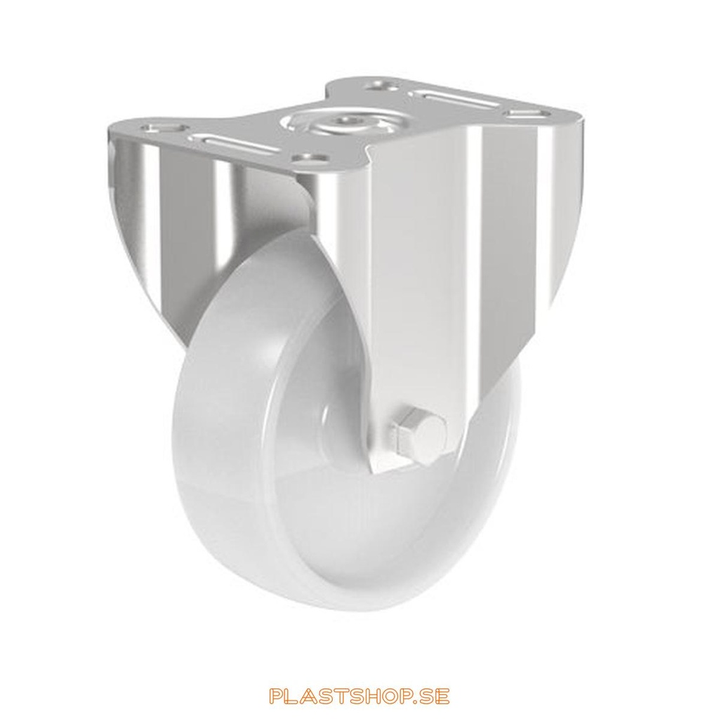 Fast bygel, platta, hjuldiameter 100 mm, bygghöjd 127 mm, hårt hjul i massiv Nylon PA6, vit färg. 130 kg bärighet, glidlager