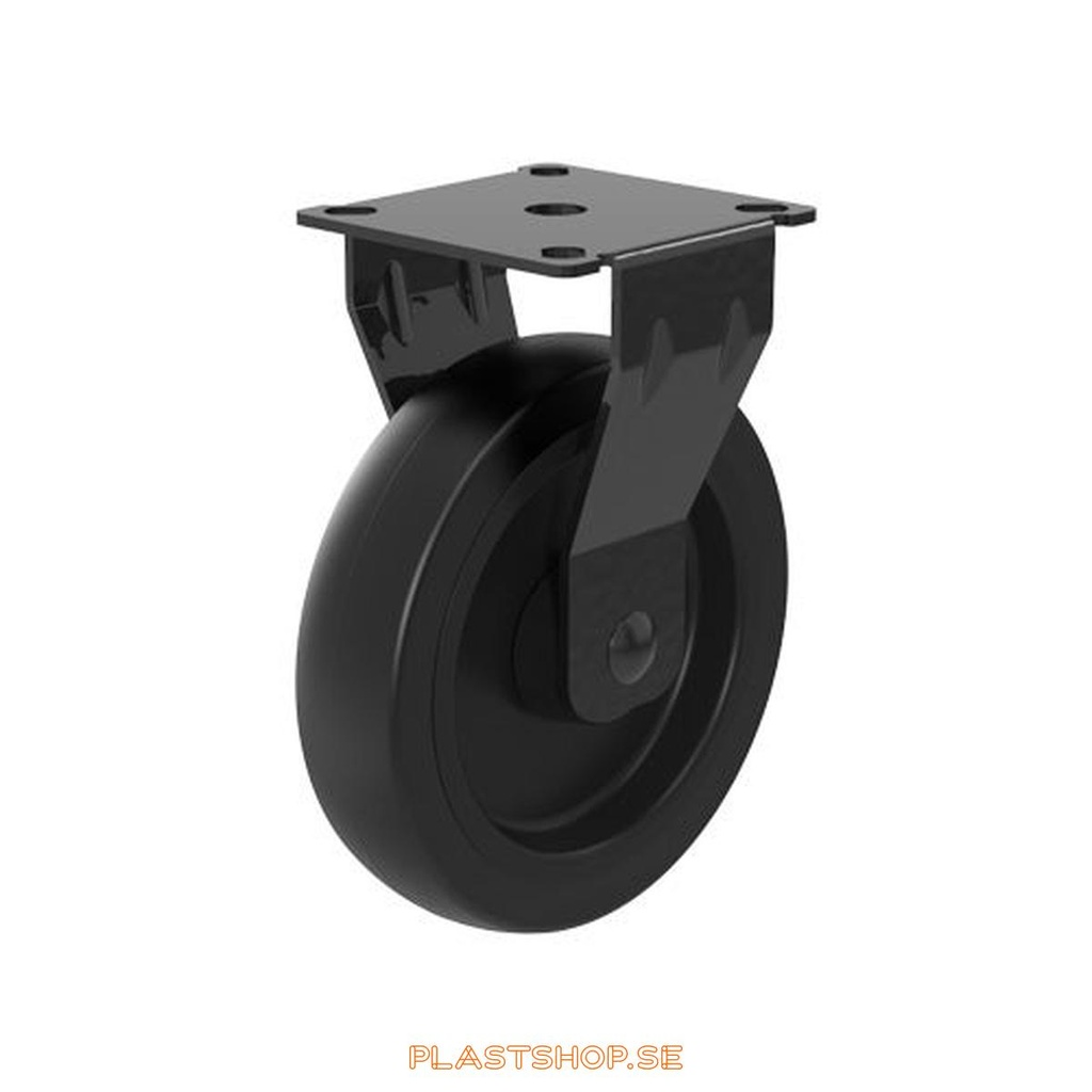 Fixed bracket, plate, wheel diameter 100 mm, building height 121 mm, hub in Polypropen (PP) with soft track in Polyuretan, svart. 55 kg load capacity, slide bearings