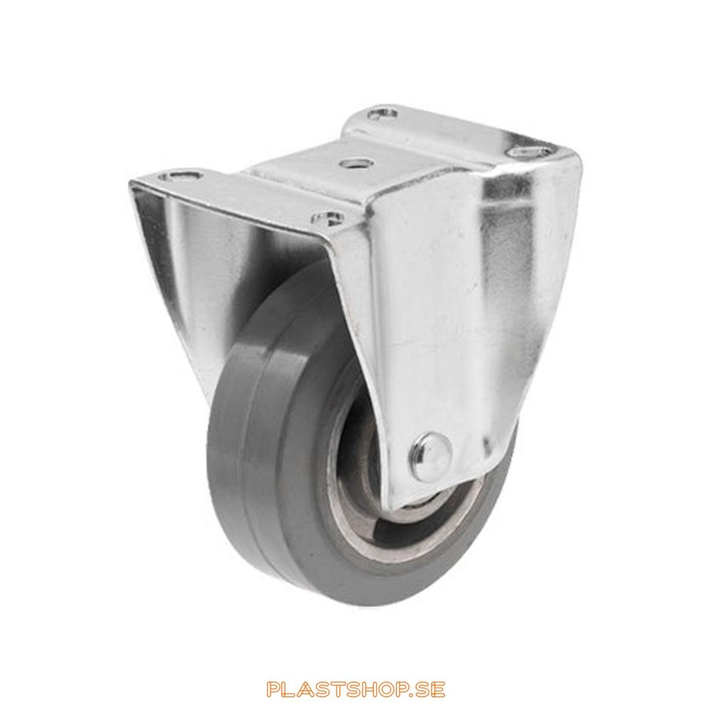 Fast bygel, platta, hjuldiameter 100 mm, bygghöjd 132 mm, nav i Aluminium med mjuk bana i Elastiskt Gummi, grå färg. 225 kg bärighet, dubbla kullager