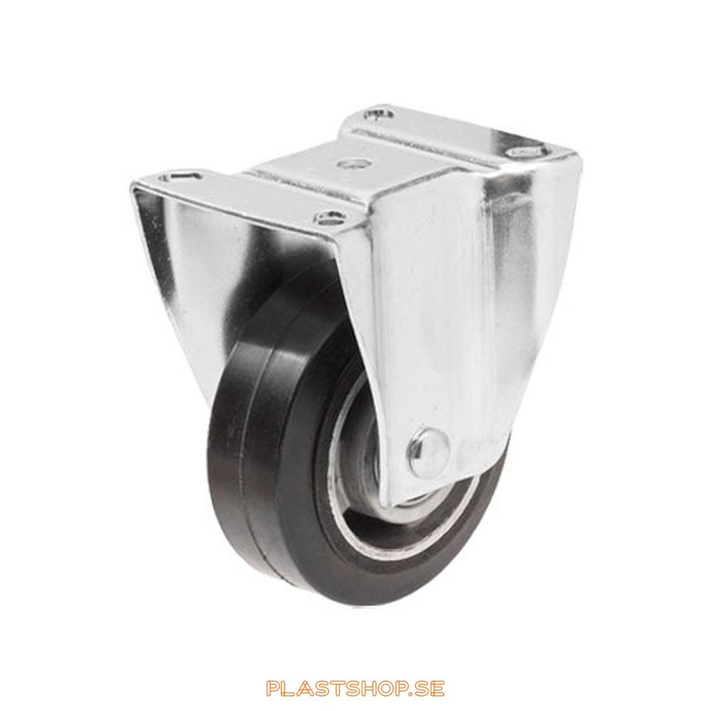 Fixed bracket, plate, wheel diameter 100 mm, building height 132 mm, hub in Aluminium with soft track in Elastiskt Gummi, svart. 225 kg load capacity, dubbla ball bearings