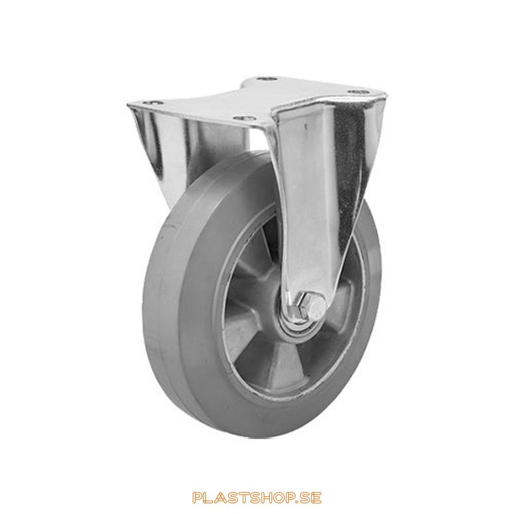 Fast bygel, platta, hjuldiameter 100 mm, bygghöjd 140 mm, nav i Aluminium med mjuk bana i Elastiskt Gummi, grå färg. 225 kg bärighet, dubbla kullager