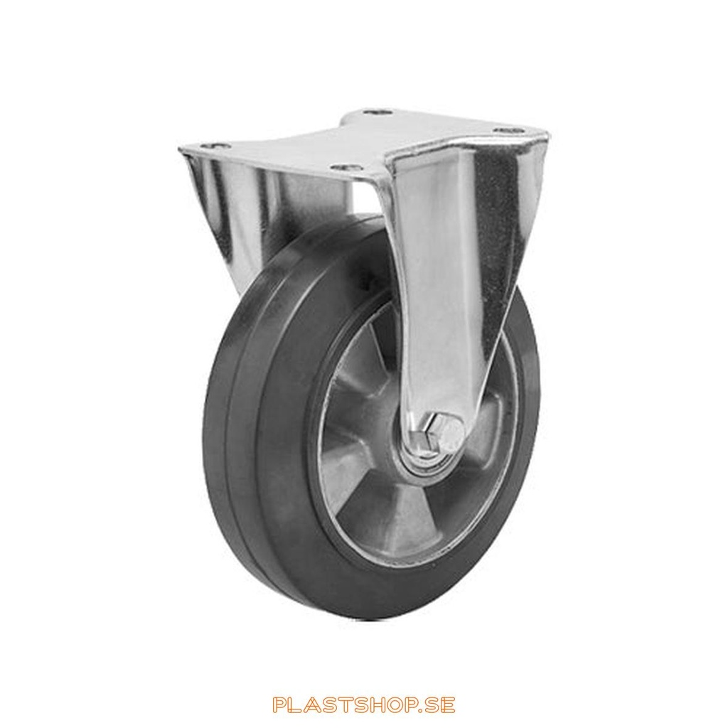 Fixed bracket, plate, wheel diameter 100 mm, building height 140 mm, hub in Aluminium with soft track in Elastiskt Gummi, svart. 225 kg load capacity, dubbla ball bearings