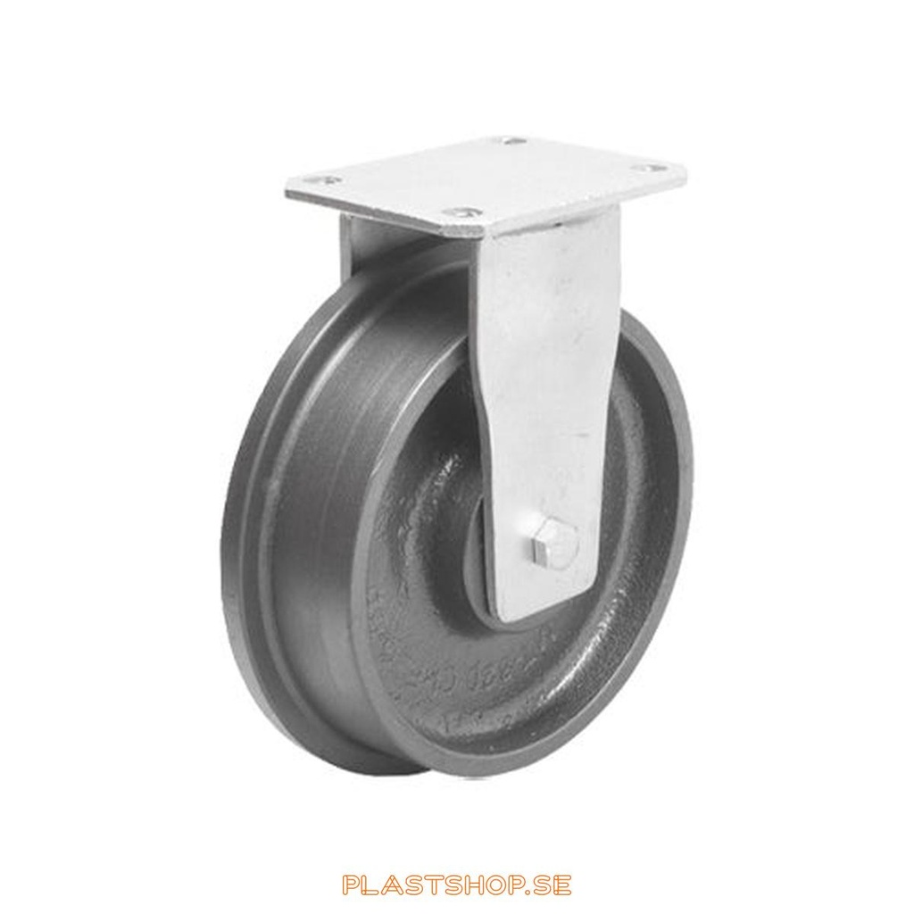 Fixed bracket, plate, wheel diameter 100 mm, building height 145 mm, hard wheel in solid Gjutjärn. 800 kg load capacity, dubbla ball bearings