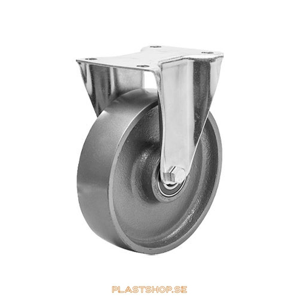 Fixed bracket, plate, wheel diameter 100 mm, building height 140 mm, hard wheel in solid Gjutjärn. 450 kg load capacity, dubbla ball bearings