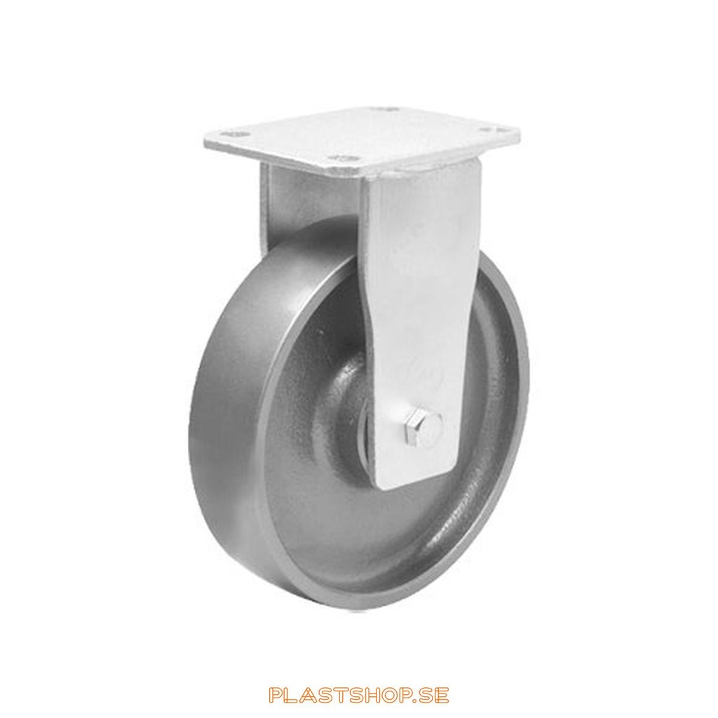 Fast bygel, platta, hjuldiameter 100 mm, bygghöjd 145 mm, hårt hjul i massiv Gjutjärn. 450 kg bärighet, dubbla kullager
