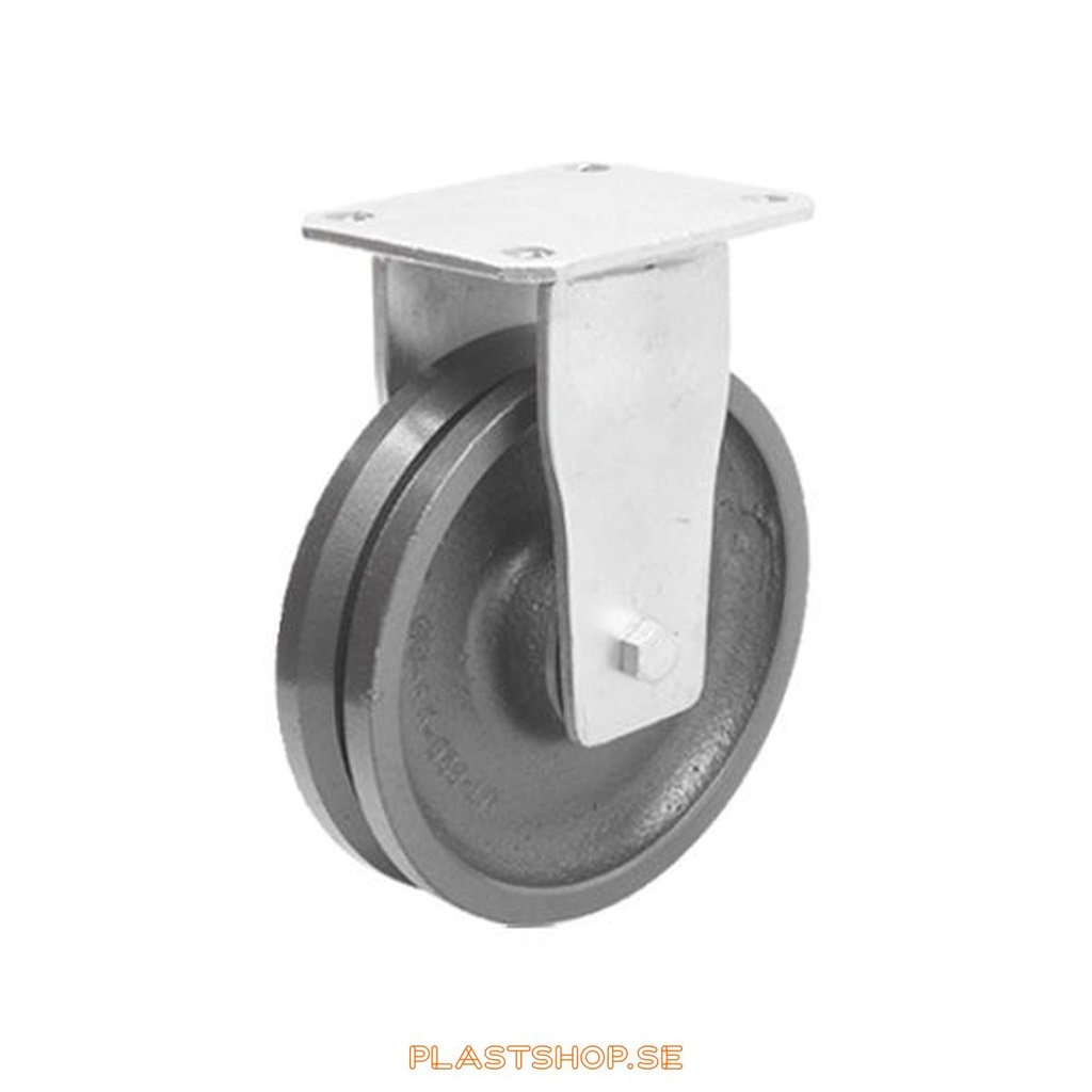 Fast bygel, platta, hjuldiameter 100 mm, bygghöjd 145 mm, hårt hjul i massiv Gjutjärn. 360 kg bärighet, dubbla kullager