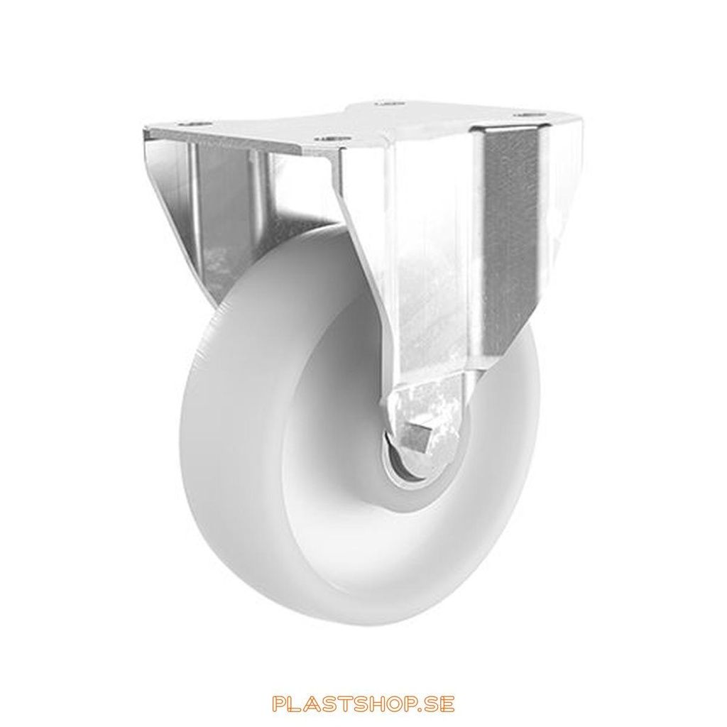 Fixed bracket, plate, wheel diameter 125 mm, building height 156 mm, hard wheel in solid Nylon PA6, natur. 350 kg load capacity, dubbla ball bearings