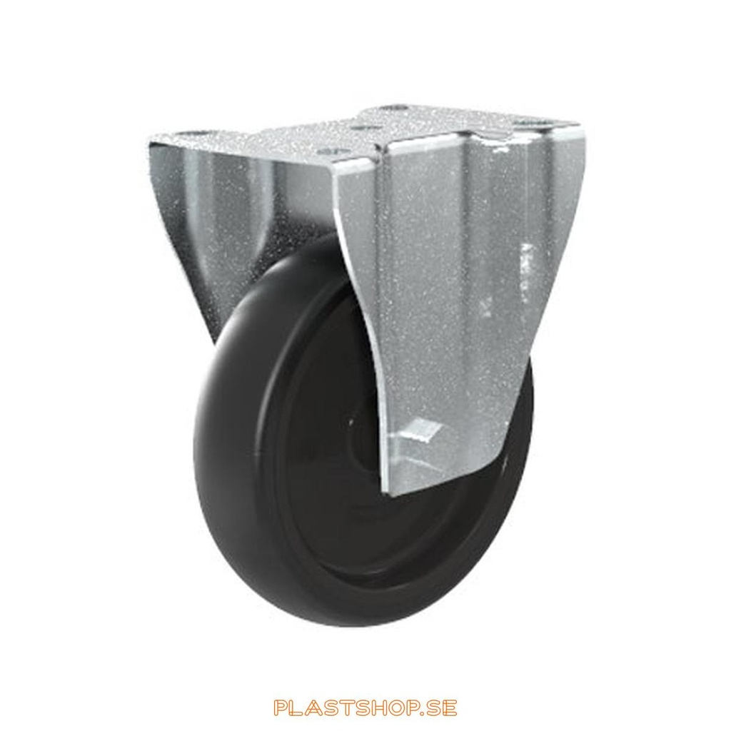 Fixed bracket, plate, wheel diameter 125 mm, building height 155 mm, hub in Polypropen (PP) with soft track in TPE, svart. 100 kg load capacity, slide bearings