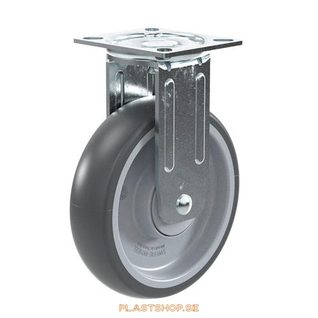 Fixed bracket, plate, wheel diameter 125 mm, building height 160 mm, hub in Polypropen (PP) with soft track in TPE, grå. 100 kg load capacity, ball bearings