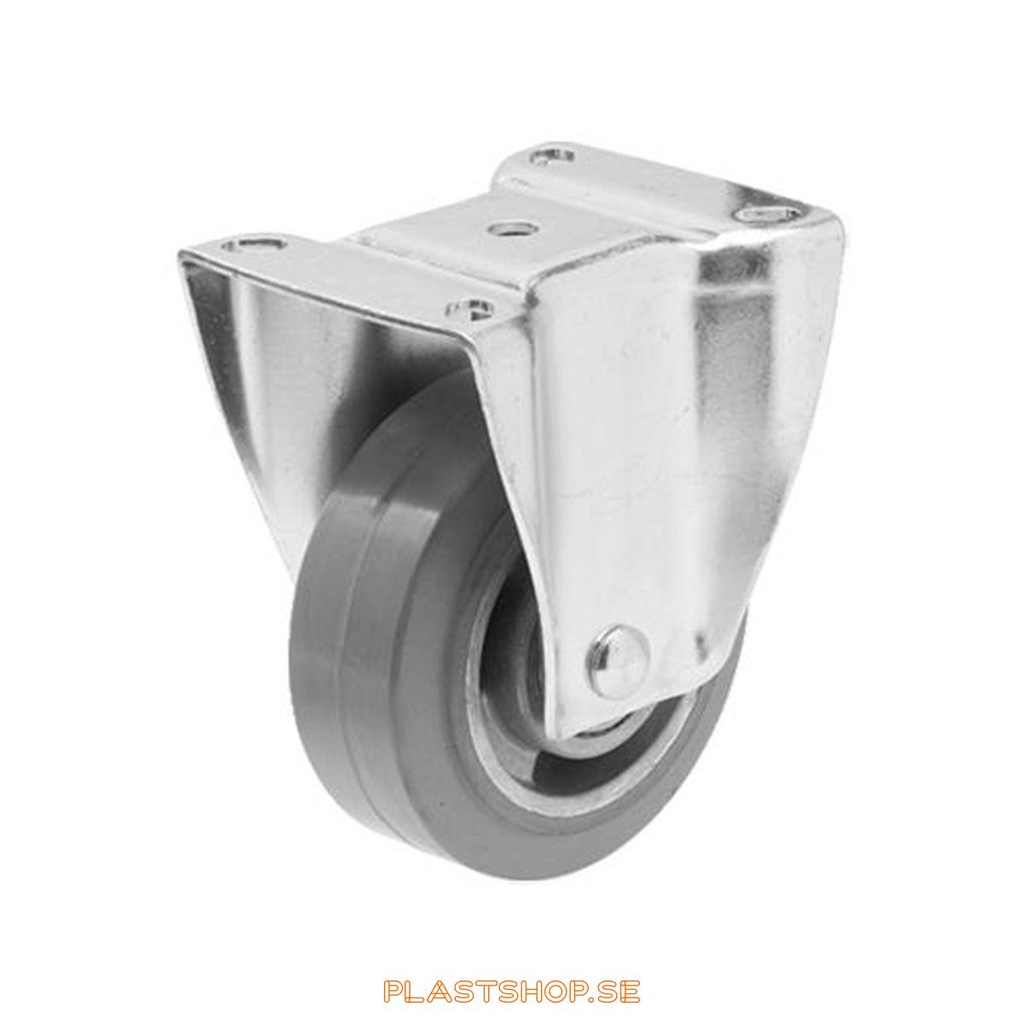 Fast bygel, platta, hjuldiameter 125 mm, bygghöjd 157 mm, nav i Aluminium med mjuk bana i Elastiskt Gummi, grå färg. 225 kg bärighet, dubbla kullager