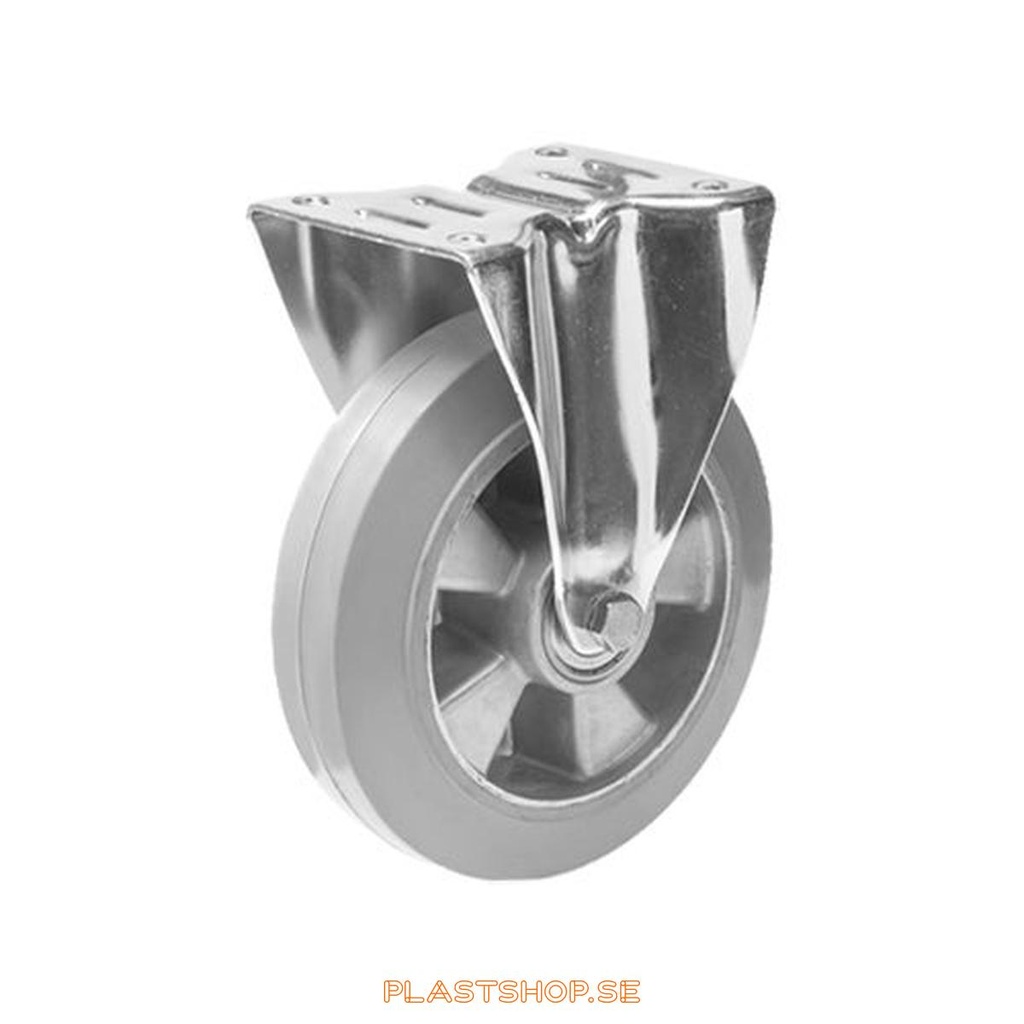 Fast bygel, platta, hjuldiameter 125 mm, bygghöjd 163 mm, nav i Aluminium med mjuk bana i Elastiskt Gummi, grå färg. 270 kg bärighet, dubbla kullager