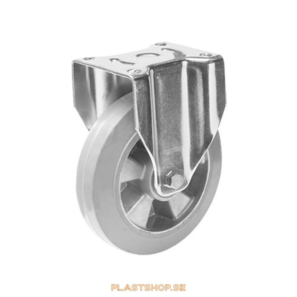 Fast bygel, platta, hjuldiameter 125 mm, bygghöjd 164 mm, nav i Aluminium med mjuk bana i Elastiskt Gummi, grå färg. 270 kg bärighet, dubbla kullager