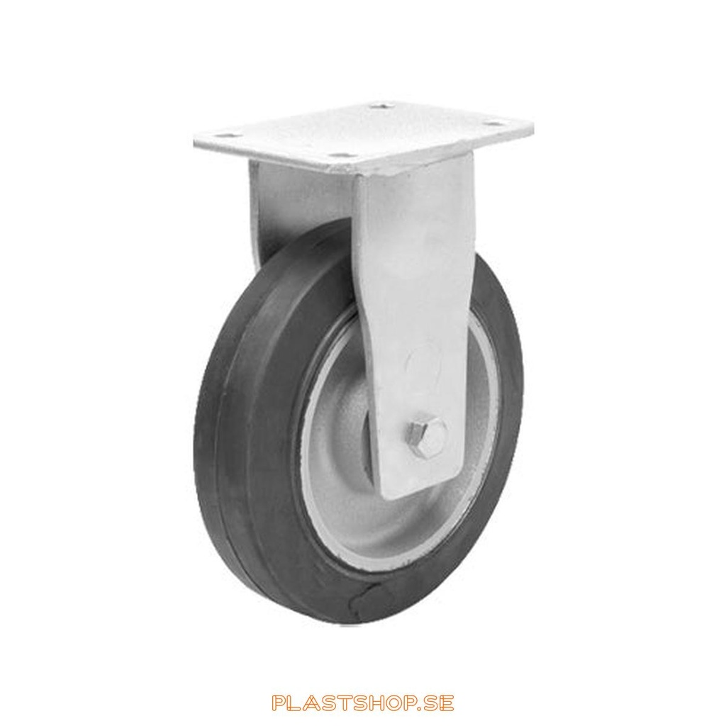 Fixed bracket, plate, wheel diameter 125 mm, building height 170 mm, hub in Gjutjärn with soft track in Elastiskt Gummi, svart. 160 kg load capacity, dubbla ball bearings