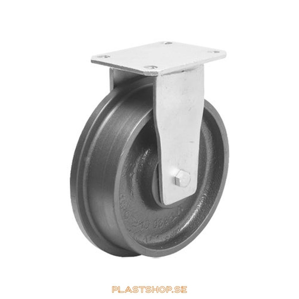 Fixed bracket, plate, wheel diameter 125 mm, building height 170 mm, hard wheel in solid Gjutjärn. 900 kg load capacity, dubbla ball bearings