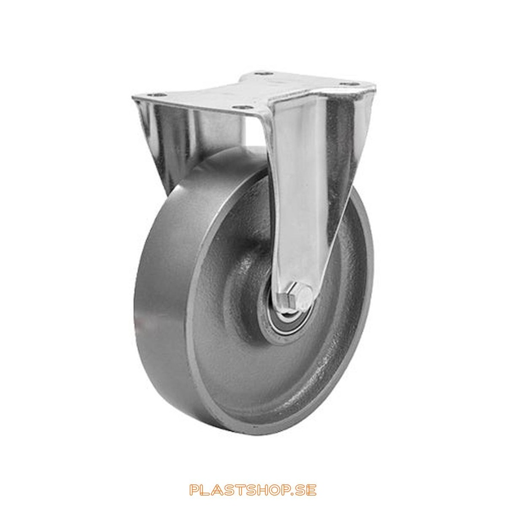 Fixed bracket, plate, wheel diameter 125 mm, building height 165,5 mm, hard wheel in solid Gjutjärn. 500 kg load capacity, dubbla ball bearings