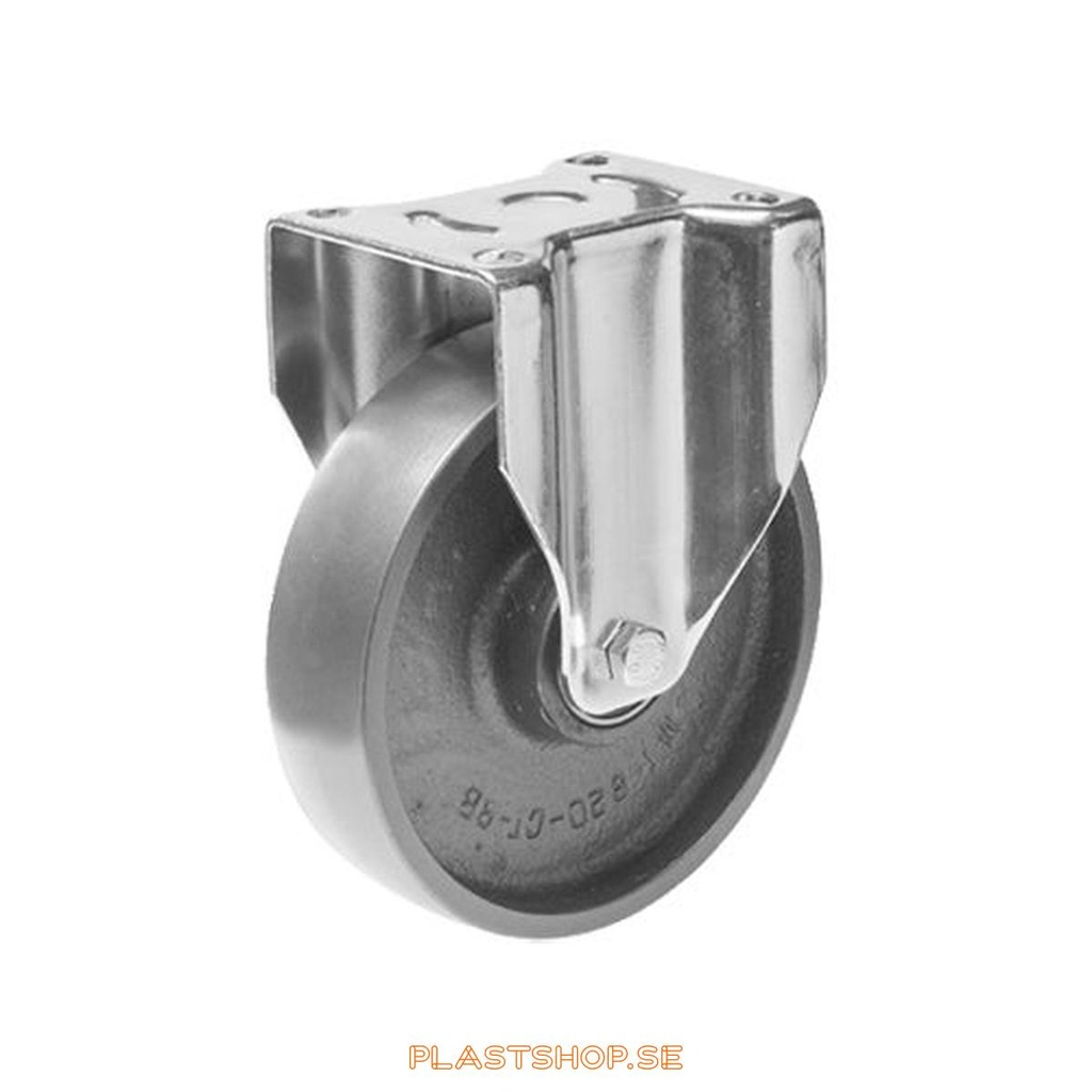 Fixed bracket, plate, wheel diameter 125 mm, building height 164 mm, hard wheel in solid Gjutjärn. 600 kg load capacity, dubbla ball bearings