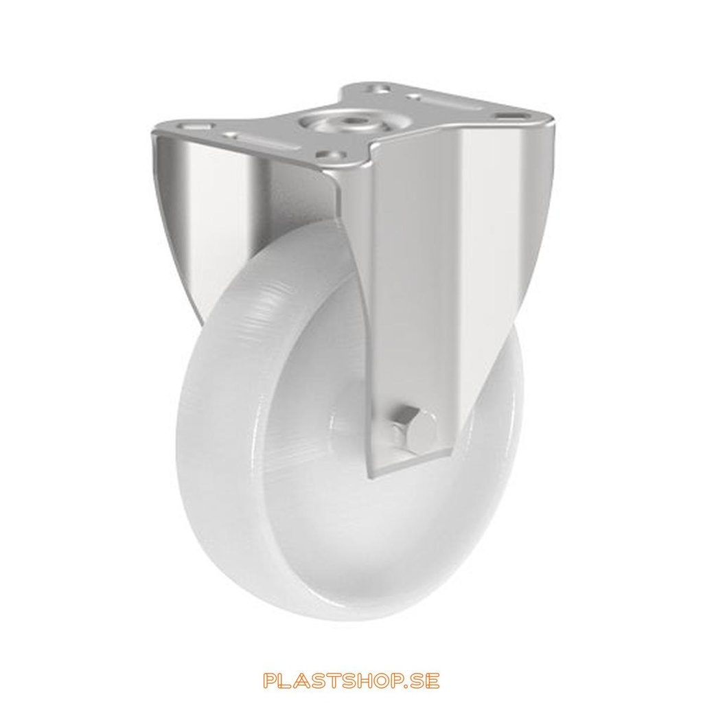 Fast bygel, platta, hjuldiameter 125 mm, bygghöjd 155 mm, hårt hjul i massiv Nylon PA6, vit färg. 130 kg bärighet, rostfria rullager