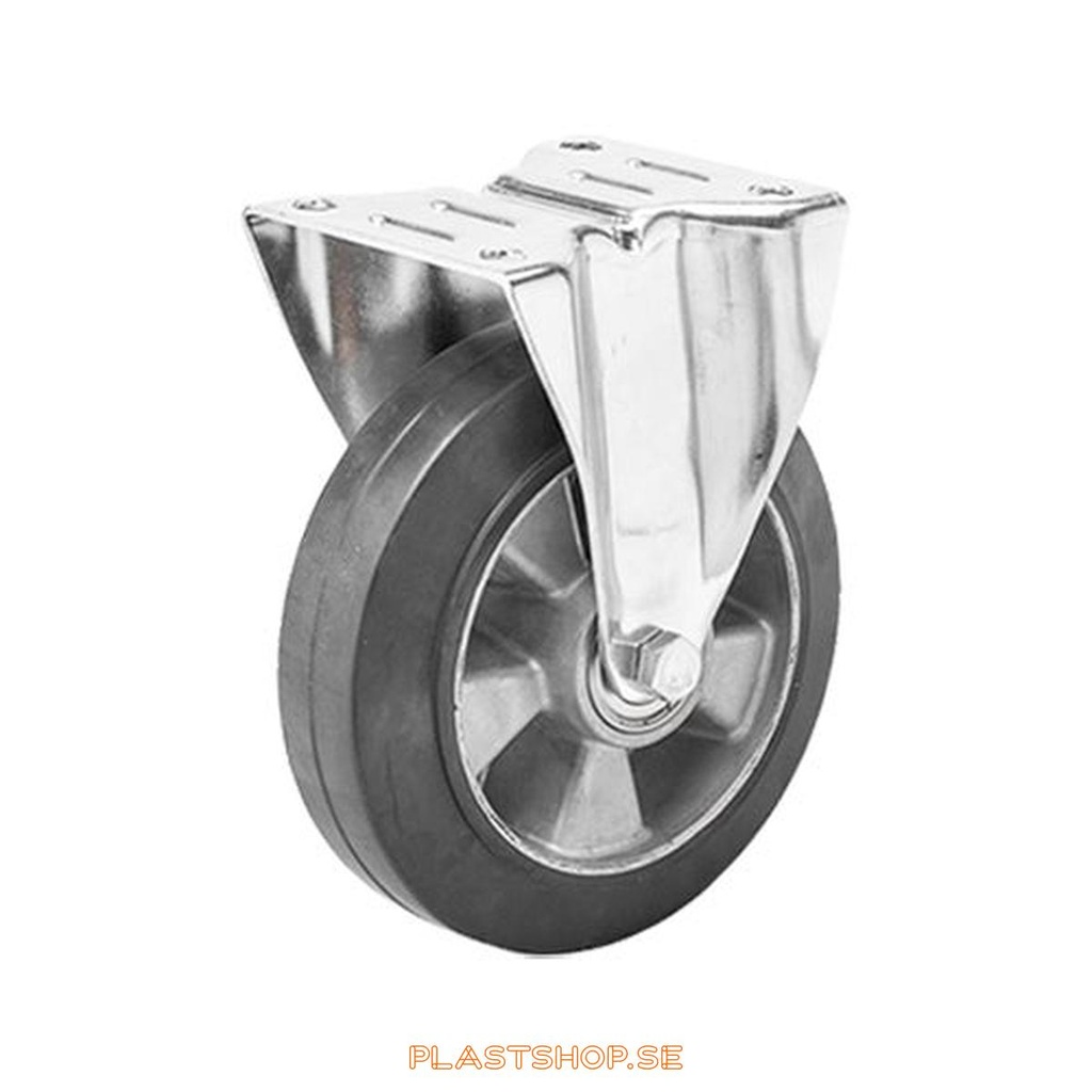 Fixed bracket, plate, wheel diameter 150 mm, building height 195 mm, hub in Aluminium with soft track in Elastiskt Gummi, svart. 300 kg load capacity, dubbla ball bearings