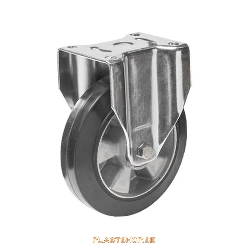 Fixed bracket, plate, wheel diameter 150 mm, building height 194 mm, hub in Aluminium with soft track in Elastiskt Gummi, svart. 300 kg load capacity, dubbla ball bearings