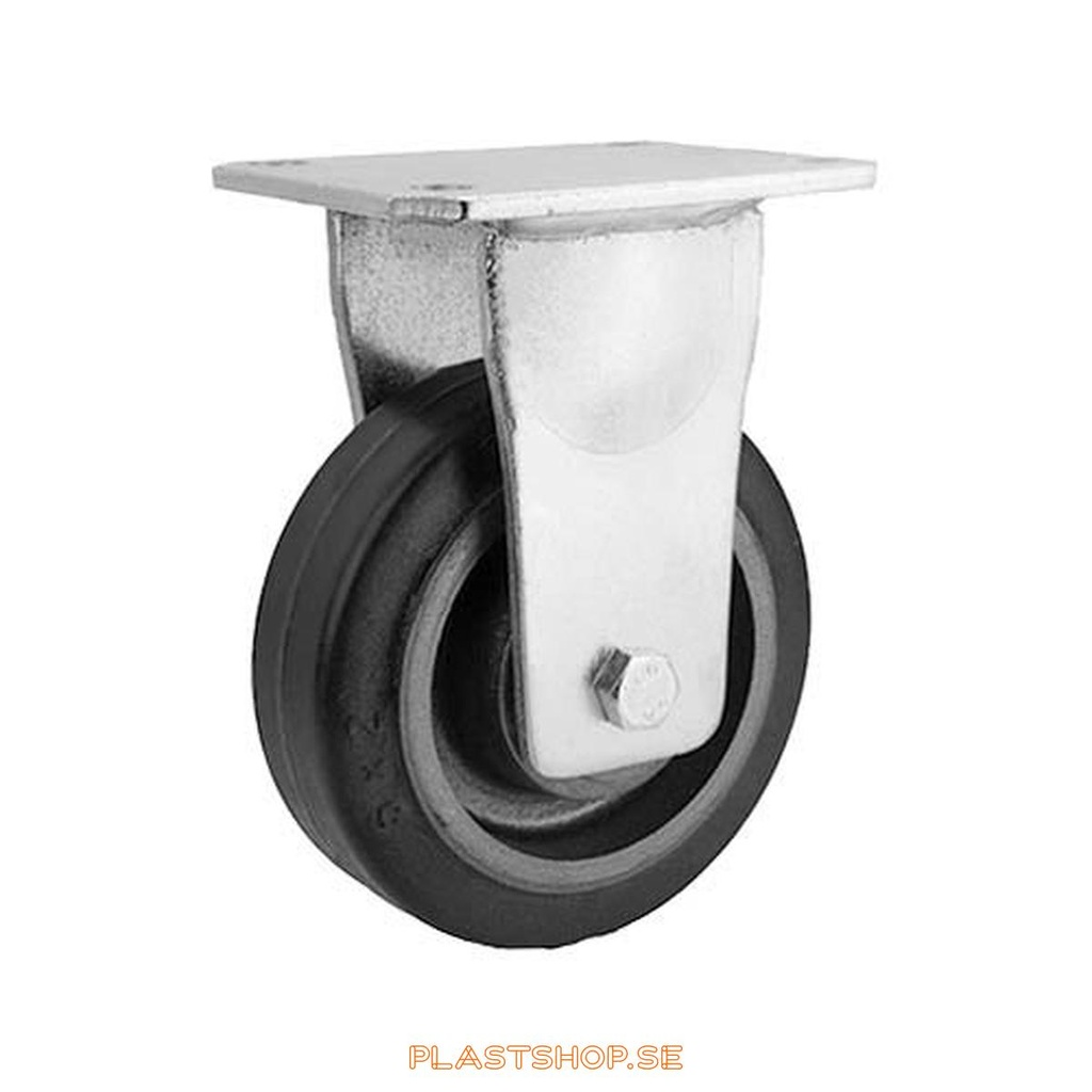 Fast bygel, platta, hjuldiameter 150 mm, bygghöjd 200 mm, nav i Gjutjärn med mjuk bana i Elastiskt Gummi, svart färg. 350 kg bärighet, dubbla kullager