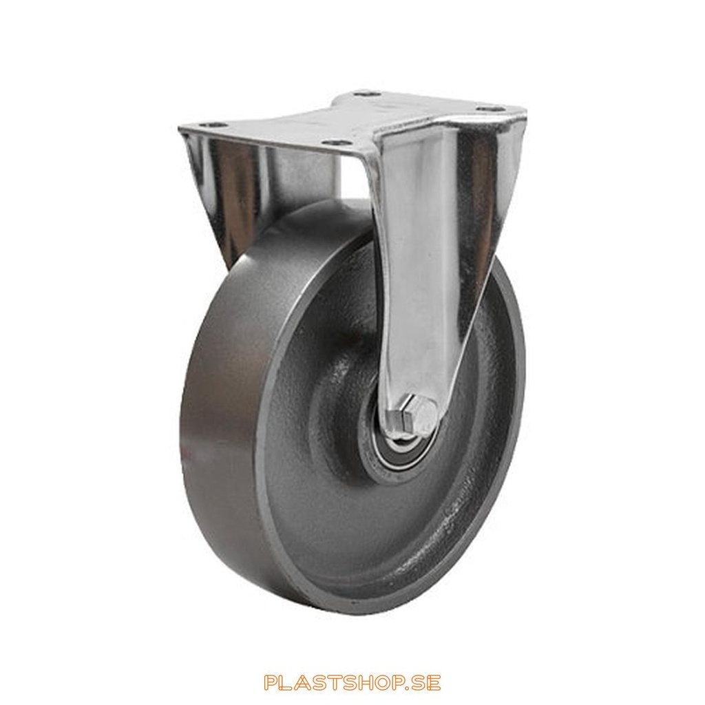 Fixed bracket, plate, wheel diameter 150 mm, building height 191 mm, hard wheel in solid Gjutjärn. 400 kg load capacity, dubbla ball bearings