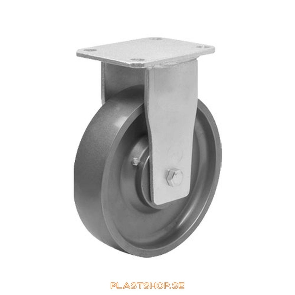 Fixed bracket, plate, wheel diameter 150 mm, building height 200 mm, hard wheel in solid Stål. 1400 kg load capacity, dubbla ball bearings