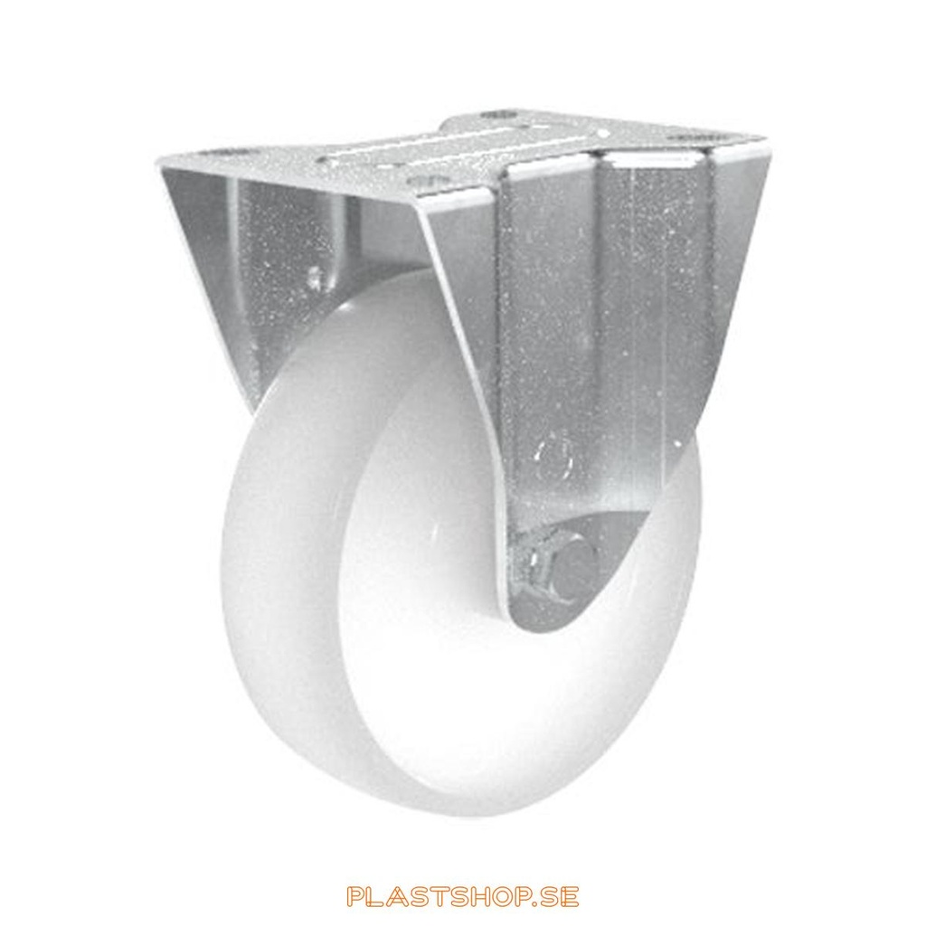Fixed bracket, plate, wheel diameter 160 mm, building height 196 mm, hard wheel in solid Nylon PA6, natur. 350 kg load capacity, slide bearings