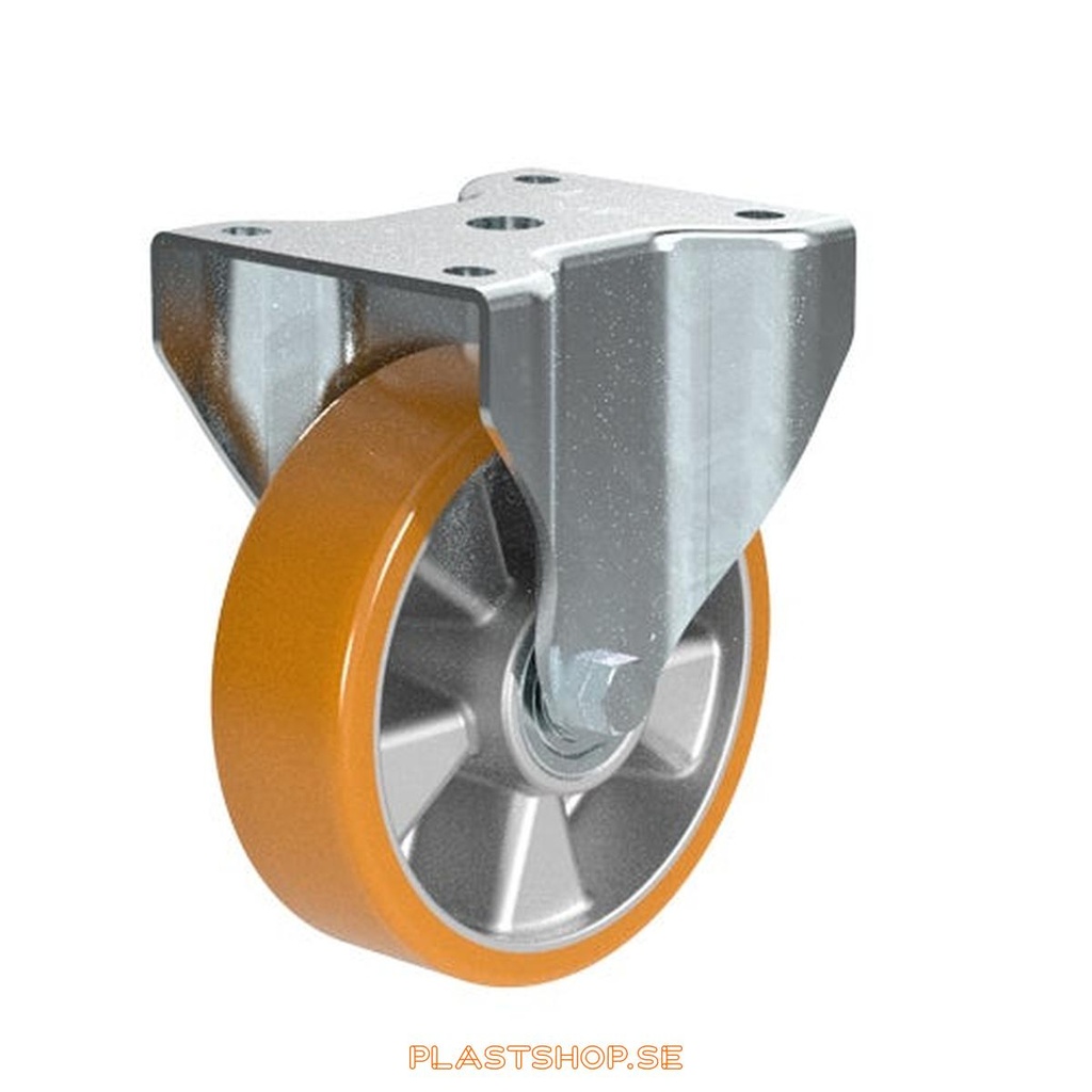 Fixed bracket, plate, wheel diameter 160 mm, building height 195 mm, hub in Aluminium with soft track in Polyuretan, orange färg. 600 kg load capacity, dubbla ball bearings