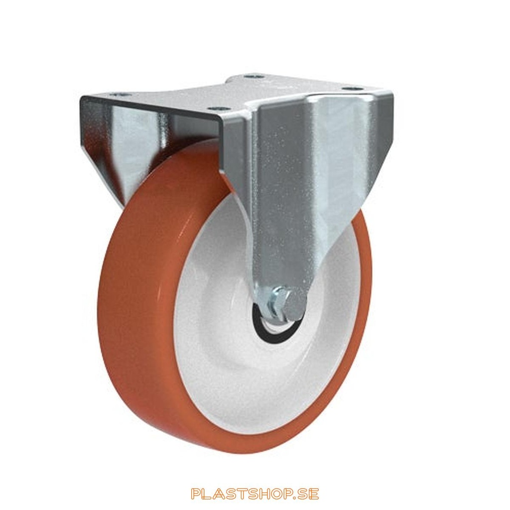 Fixed bracket, plate, wheel diameter 160 mm, building height 195 mm, hub in Nylon PA6 with soft track in Polyuretan, röd. 400 kg load capacity, dubbla ball bearings