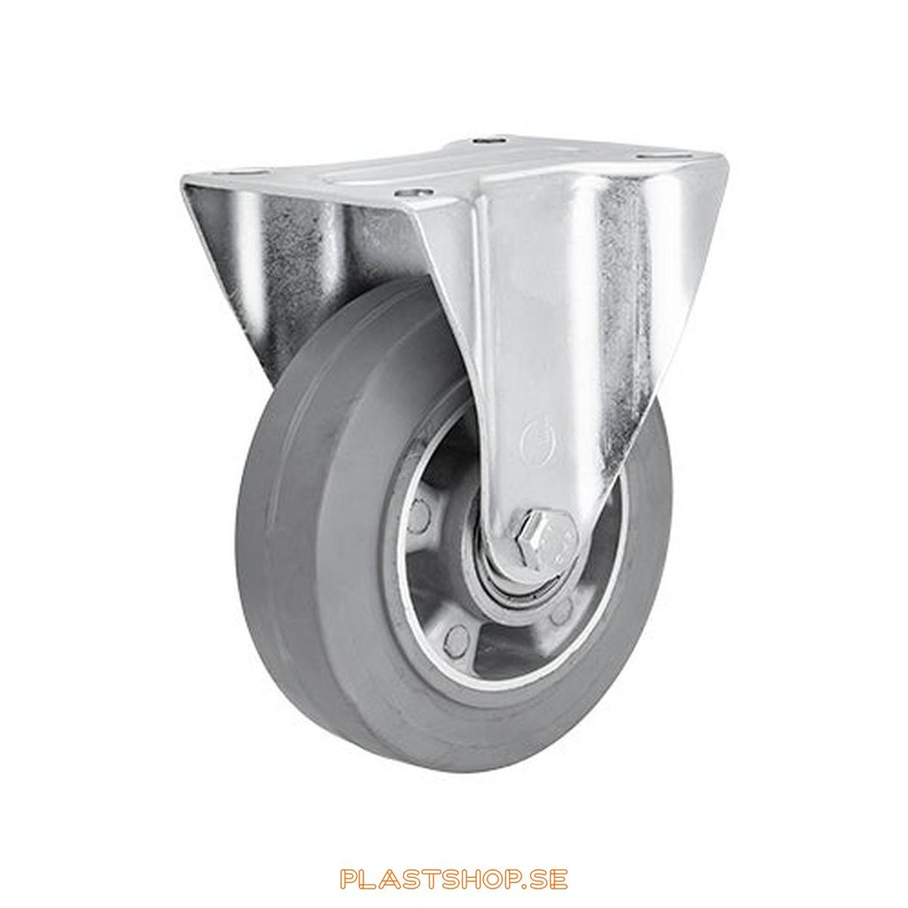 Fixed bracket, plate, wheel diameter 160 mm, building height 196 mm, hub in Aluminium with soft track in Elastiskt Gummi, grå. 350 kg load capacity, dubbla ball bearings