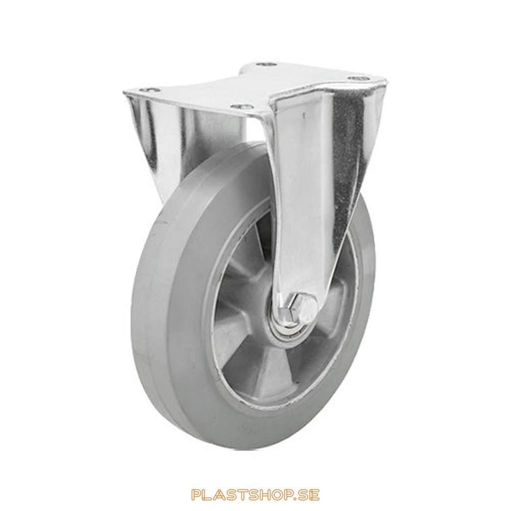 Fixed bracket, plate, wheel diameter 160 mm, building height 196 mm, hub in Aluminium with soft track in Elastiskt Gummi, grå. 350 kg load capacity, dubbla ball bearings