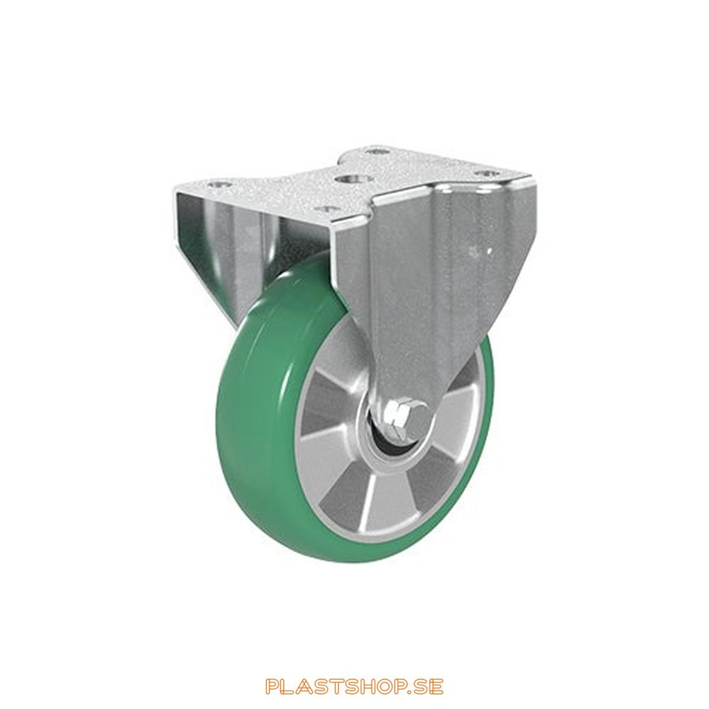 Fast bygel, platta, hjuldiameter 160 mm, bygghöjd 195 mm, nav i Aluminium med mjuk bana i Elastiskt Polyuretan, grön färg. 700 kg bärighet, dubbla kullager