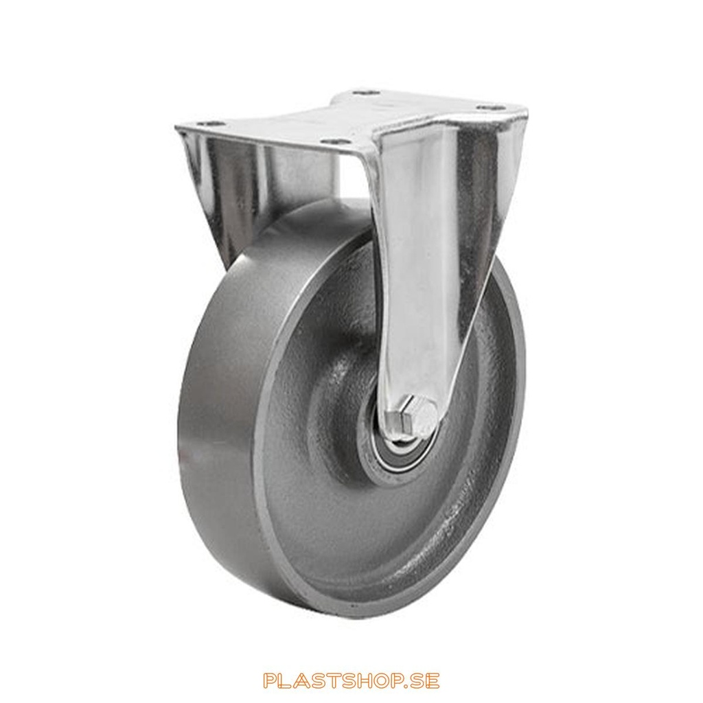 Fixed bracket, plate, wheel diameter 160 mm, building height 196 mm, hard wheel in solid Gjutjärn. 400 kg load capacity, dubbla ball bearings