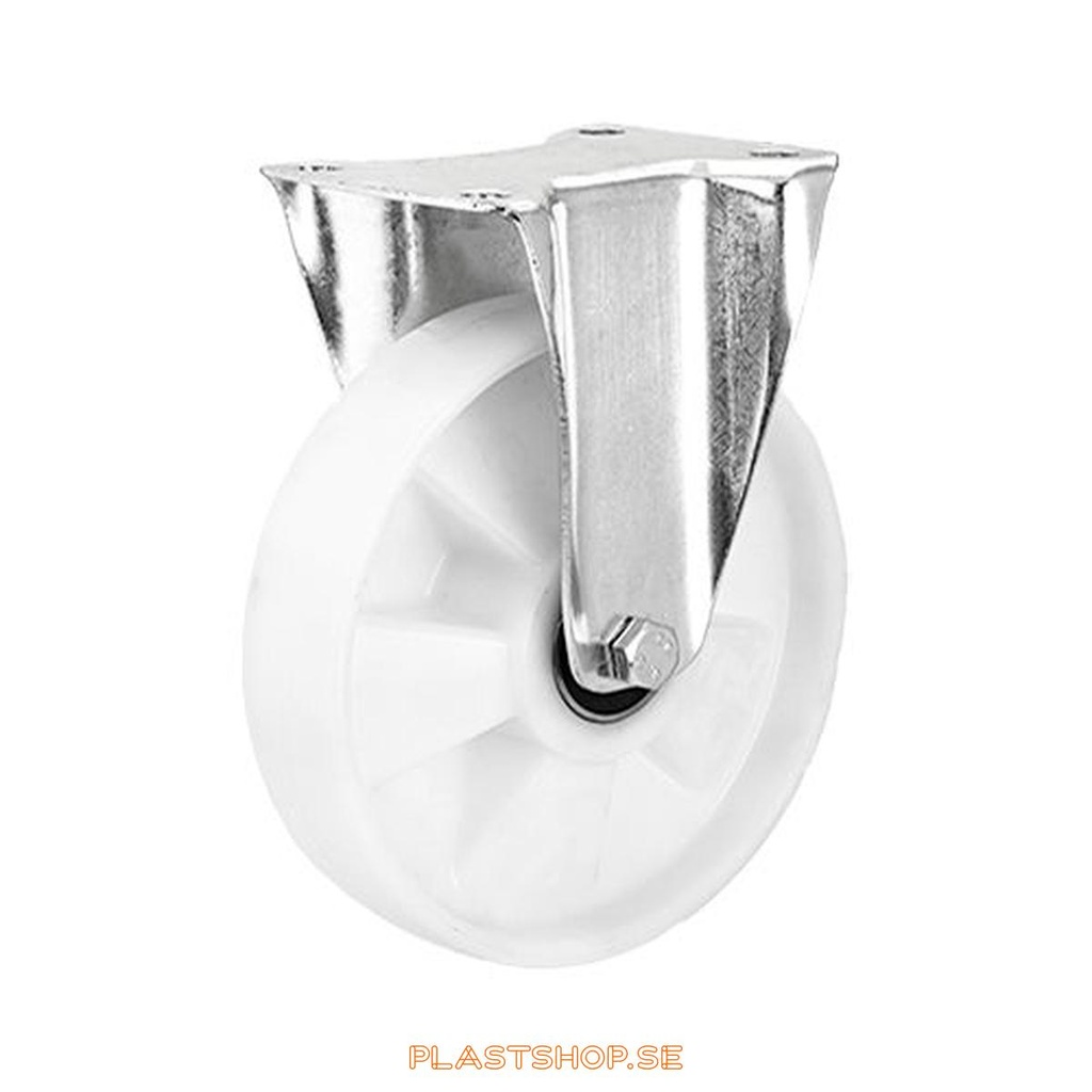 Fixed bracket, plate, wheel diameter 200 mm, building height 239 mm, hard wheel in solid Nylon PA6, natur. 400 kg load capacity, dubbla ball bearings