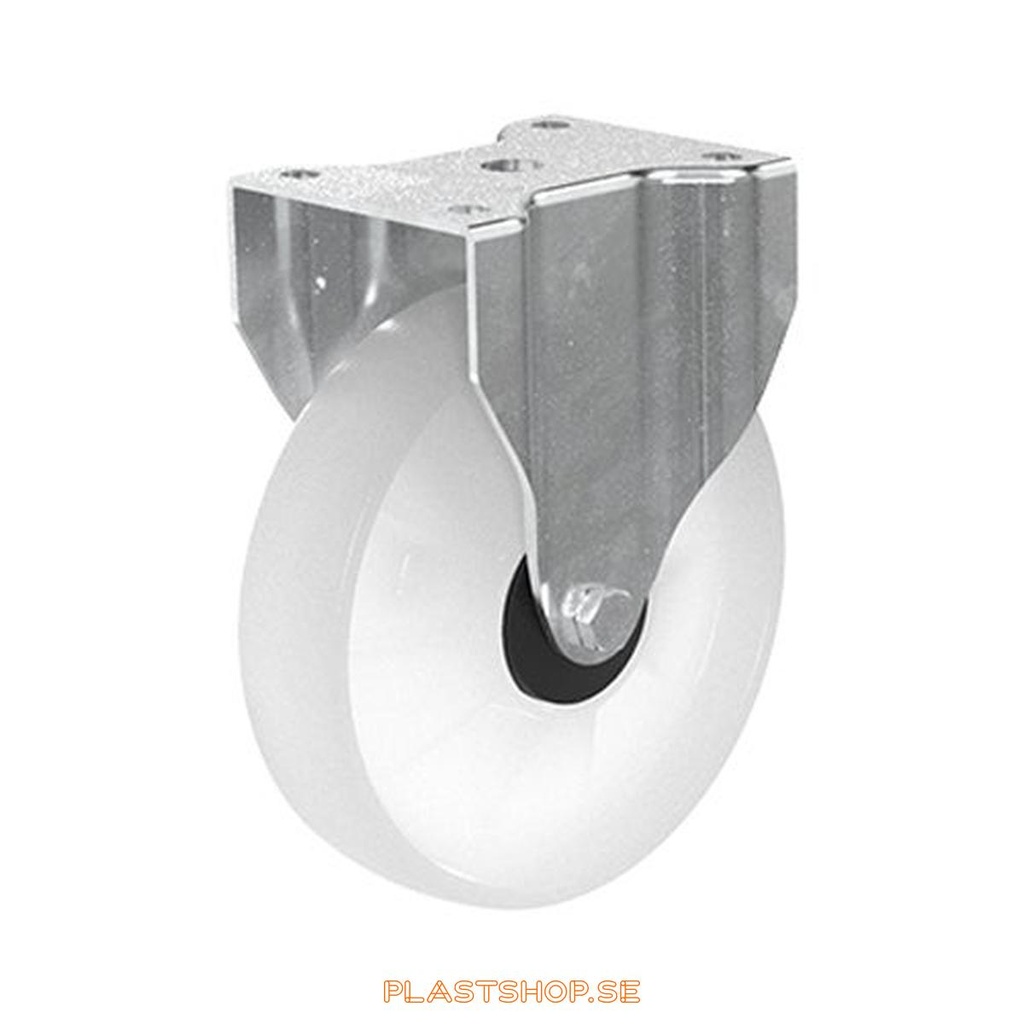 Fast bygel, platta, hjuldiameter 200 mm, bygghöjd 238 mm, hårt hjul i massiv Nylon PA6, grå färg. 400 kg bärighet, dubbla kullager