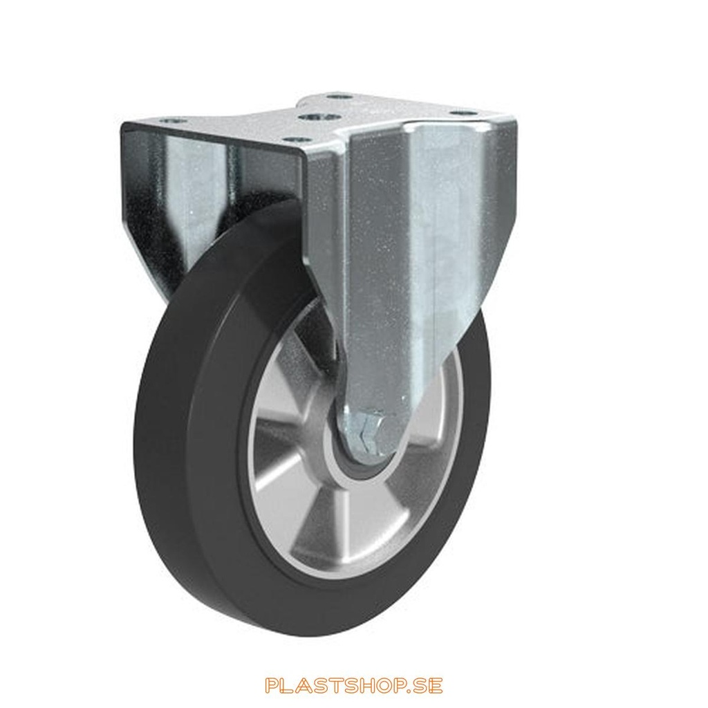 Fixed bracket, plate, wheel diameter 200 mm, building height 238 mm, hub in Aluminium with soft track in Elastiskt Gummi, svart. 450 kg load capacity, dubbla ball bearings