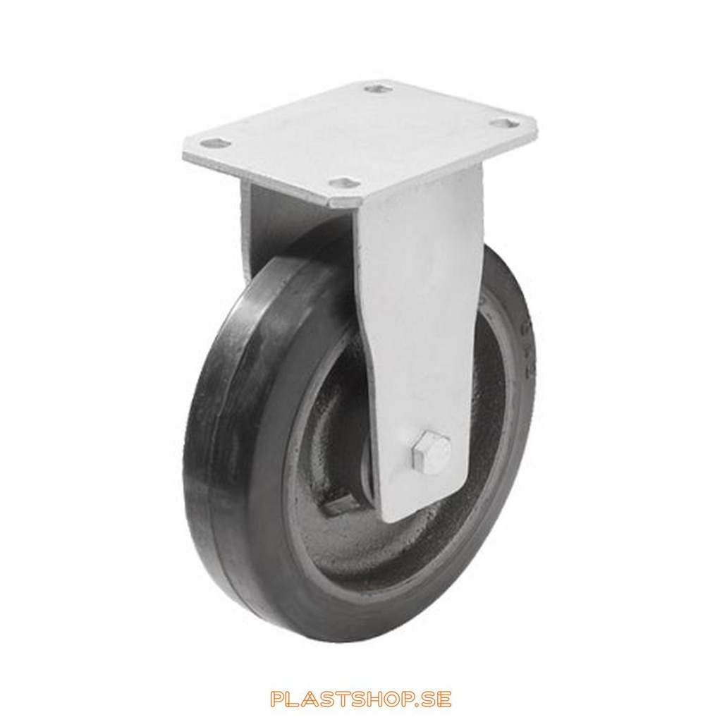 Fixed bracket, plate, wheel diameter 200 mm, building height 245 mm, hub in Gjutjärn with soft track in Elastiskt Gummi, svart. 450 kg load capacity, dubbla ball bearings