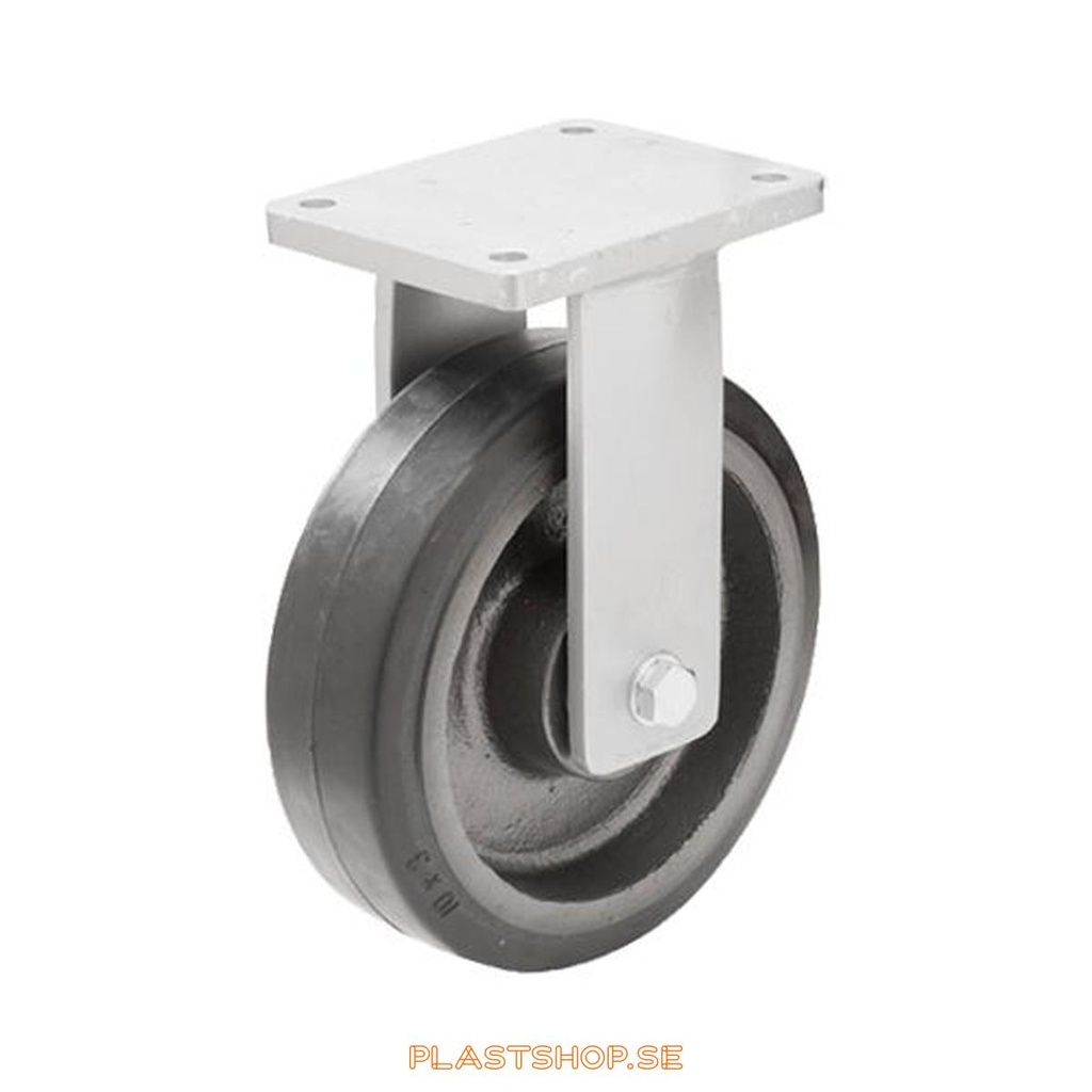 Fixed bracket, plate, wheel diameter 200 mm, building height 264 mm, hub in Gjutjärn with soft track in Elastiskt Gummi, svart. 550 kg load capacity, dubbla ball bearings
